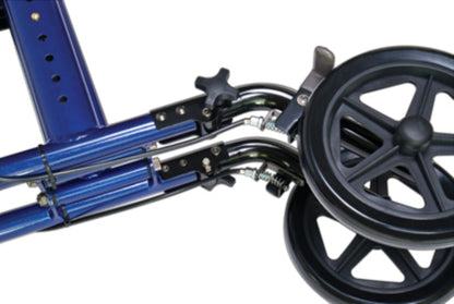 Close-up image of a blue Graham Field HybridLX Rollator Transport Chair with a lightweight design, highlighting small wheels and adjustable mechanisms. Features include black spoked wheels and metallic components for strength, blending rollator aspects.