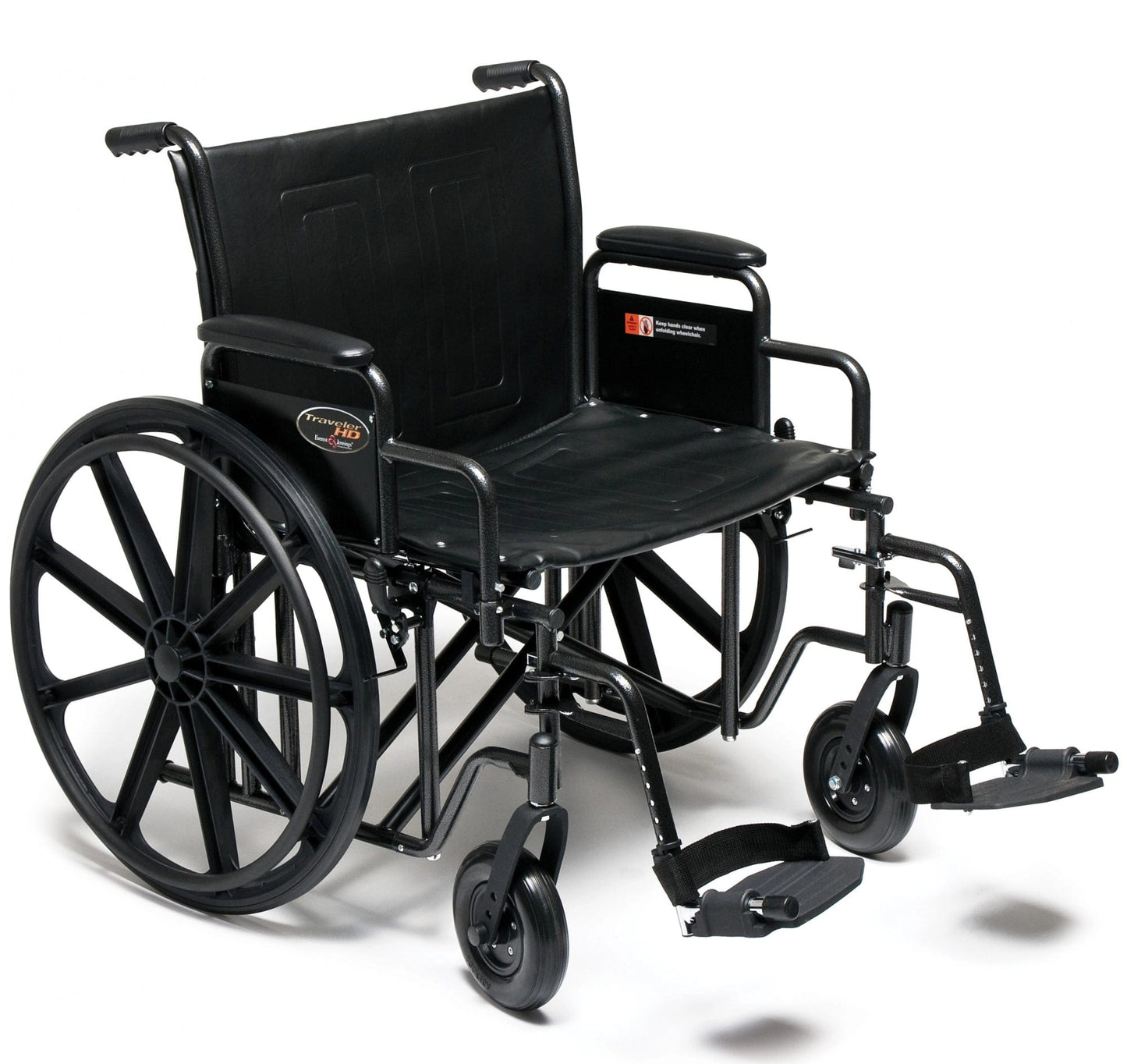 Introducing the Traveler HD by Graham Field, a black, heavy-duty wheelchair with a reinforced frame. This model boasts large rear wheels and smaller front caster wheels, equipped with armrests, leg supports, and a cushioned seat and backrest. Designed for manual operation, it offers multiple seat width options to ensure personalized comfort.