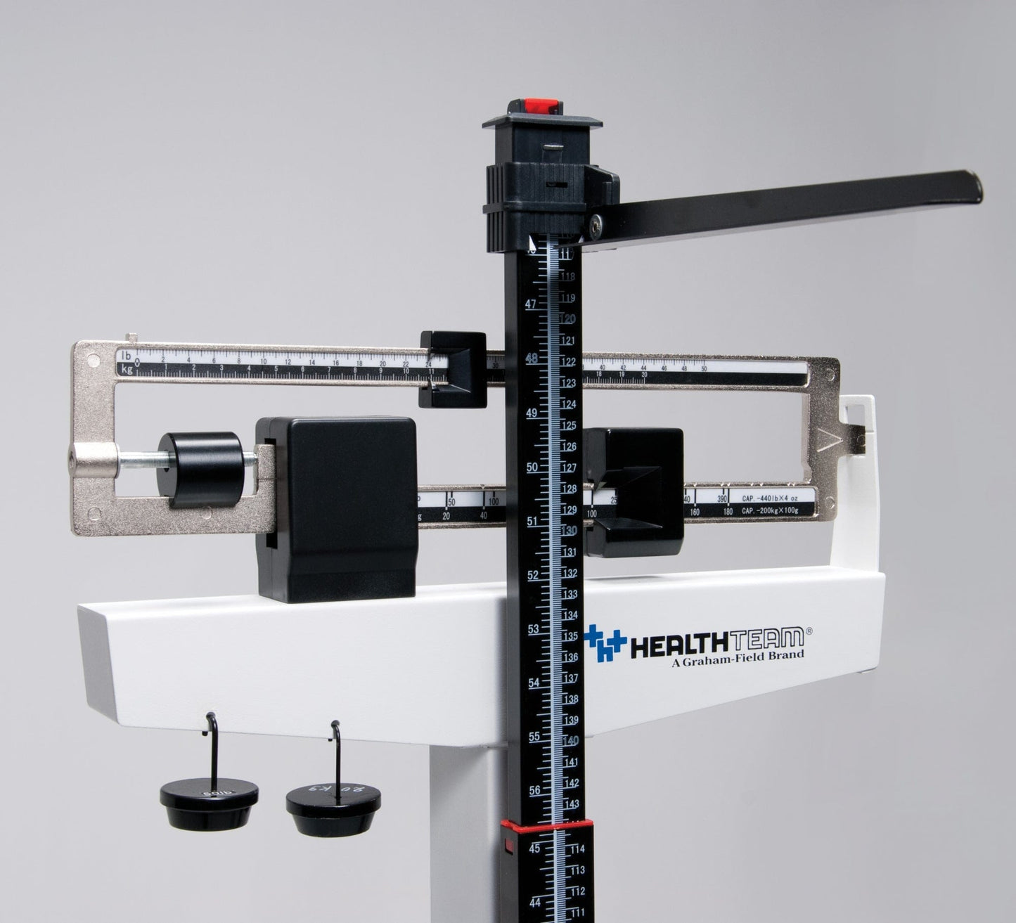 The "Physician Mechanical Beam Scale with Wheels" by Graham Field includes weight balance beams and a vertical height measuring rod. With dual measurement capabilities and a weight capacity of 490 lb, it is expertly designed for use in clinics or hospitals.