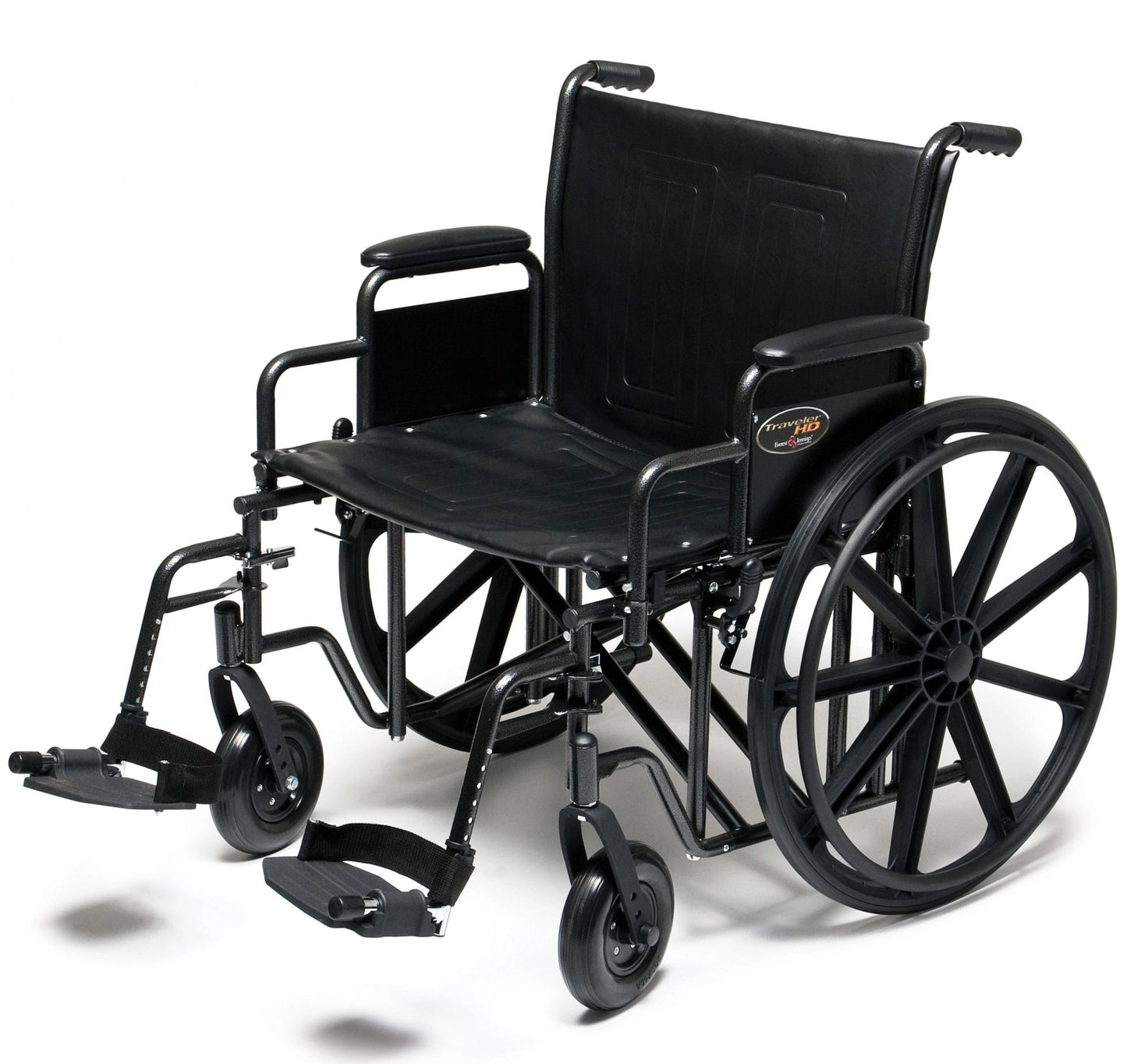 The Graham Field Traveler HD is a black manual wheelchair with large rear wheels and smaller front wheels. It features armrests, a cushioned seat, and footrests. Constructed with a reinforced frame, this heavy-duty wheelchair provides seat width options for personalized comfort and support.