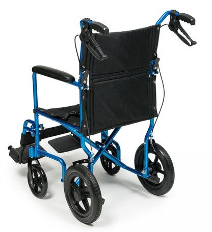 Introducing the Deluxe Aluminum 12" Rear Wheel Transport Chair by Graham Field. This blue, lightweight transport wheelchair boasts a sturdy aluminum frame with four black wheels and armrests. It is equipped with handles featuring brakes for ease of maneuverability, along with attendant wheel locks. The chair's black fabric seat and foldable backrest offer convenient storage and transport solutions.