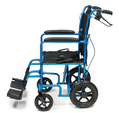 Introducing the Deluxe Aluminum 12" Rear Wheel Transport Chair by Graham Field: This blue chair boasts a lightweight aluminum frame, a comfortable seat, black armrests, foldable footrests, and two large rear wheels. It is equipped with attendant wheel locks and handbrakes on the handles for effortless maneuverability.