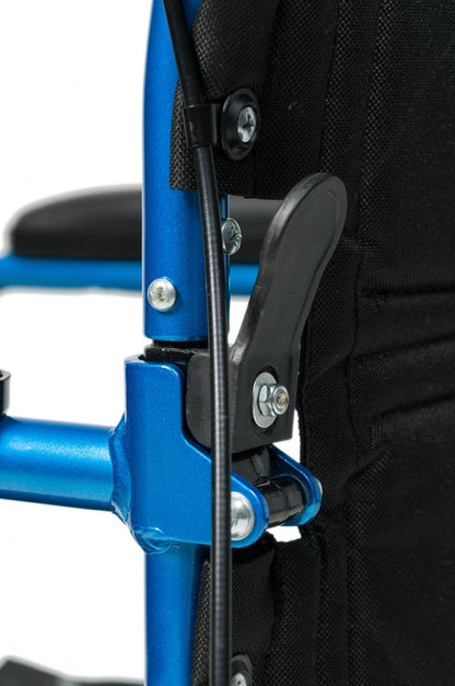 Close-up of the folding mechanism on a blue Graham Field Deluxe Aluminum 12" rear wheel Transport Chair, featuring a black lever and metal bolts. The aluminum frame and part of the seat are visible, showcasing its functional design and construction details.