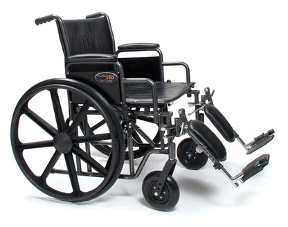 Introducing the Graham Field Traveler HD, a black heavy-duty wheelchair designed with a reinforced frame. It features large rear wheels and smaller front wheels for enhanced stability. The adjustable footrests offer added convenience, while the cushioned seat and backrest ensure comfort. The seat width is customizable to meet individual needs perfectly.