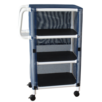 The Graham Field PVC Linen Cart With Cover is a rolling cart with three black shelves, a white metal frame with handles, and four black wheels. It features an anti-bacterial blue mesh cover with a convenient Velcro opening for easy access, ideal for storing and transferring linens.