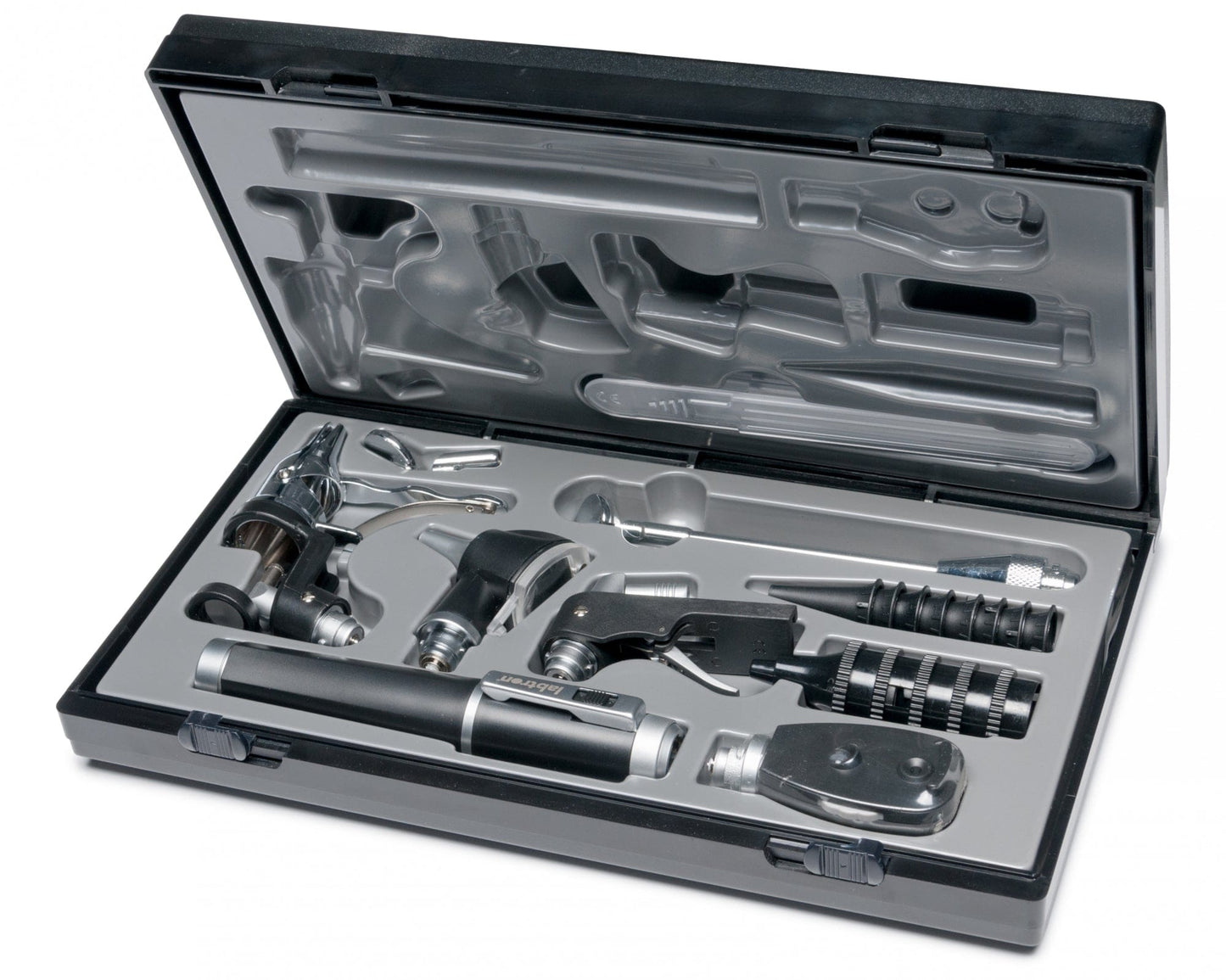 A black plastic case, part of the Complete Diagnostic Set by Graham Field, resembles a sleek diagnostic kit and holds a set of wine accessories including a corkscrew, bottle stopper, and wine pourer. It features molded slots for each item and a clear plastic lid to display the tools inside.