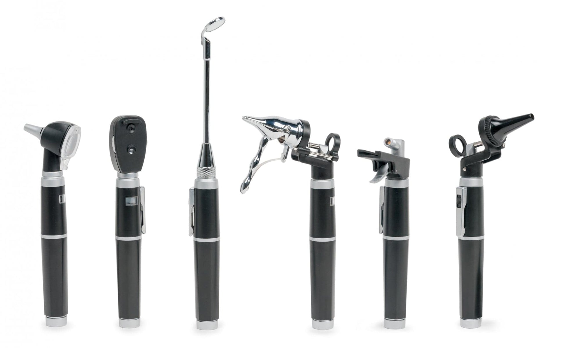 Introducing the Graham Field Complete Diagnostic Set, a sophisticated kit containing six black medical instruments, including an otoscope and ophthalmoscope, each equipped with distinct attachments. These expertly crafted tools are arranged upright in a row and include a magnifying lens and ear examination attachment, perfect for thorough medical evaluations.