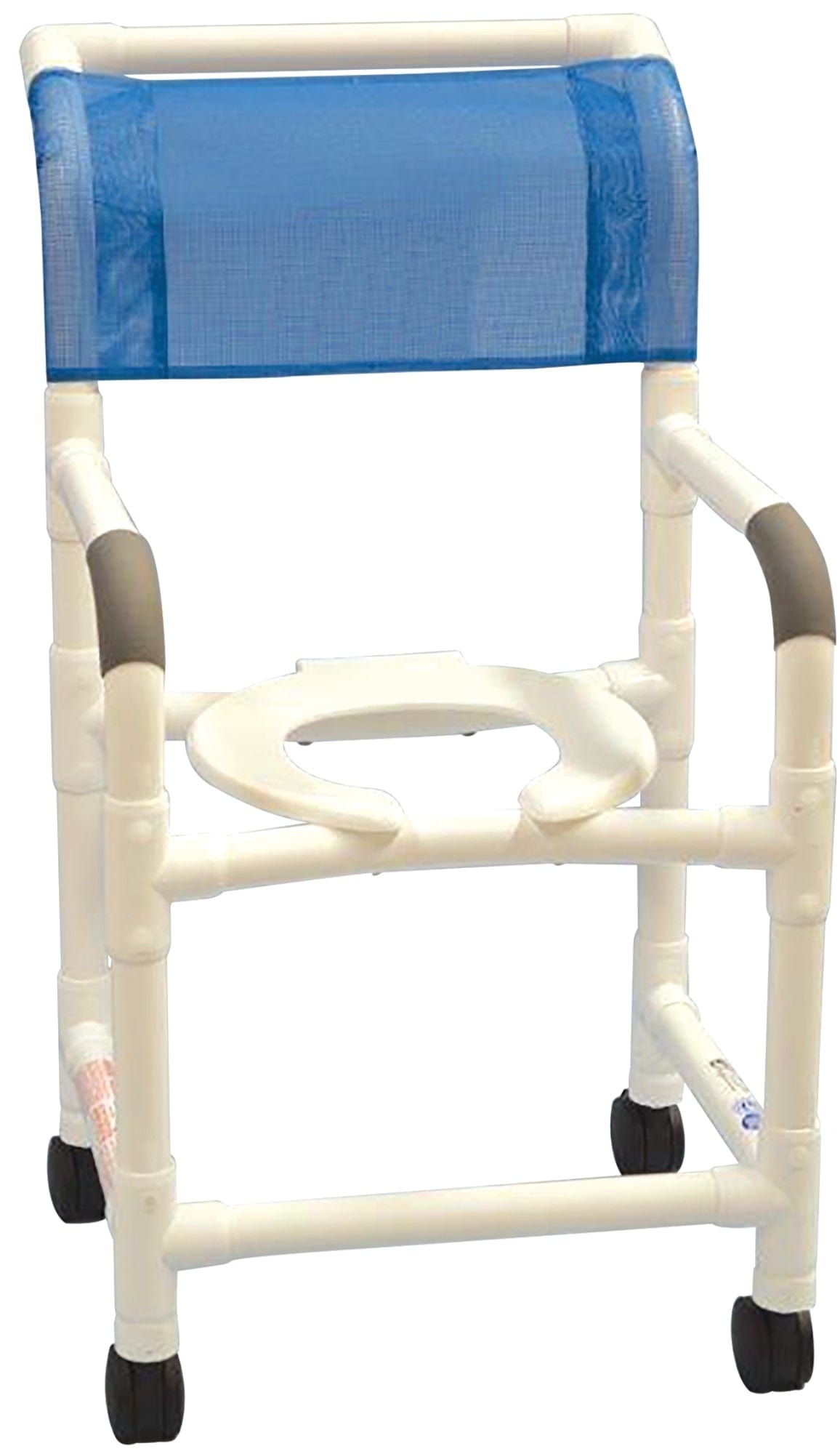 The PVC Knockdown Shower Chair by Graham Field has an anti-bacterial blue mesh backrest and ergonomic curved arms. It boasts a white PVC pipe construction, four black wheels, and an open seat to enhance convenience and hygiene during showering.