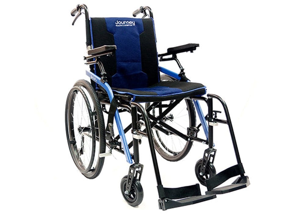 The So Lite™ C2 Lite Wheelchair by Journey Health & Lifestyle is a lightweight, portable mobility aid featuring a blue frame and black seat. It includes adjustable armrests and footrests, four wheels, and hand grips on the back, making it easy to push. The brand name "Journey" is visible on the backrest, highlighting its compact design for effortless transport.