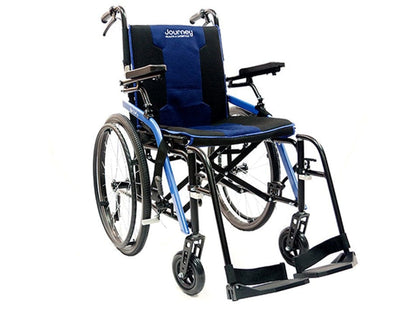 The So Lite™ C2 Lite Wheelchair by Journey Health & Lifestyle is a lightweight, portable mobility aid featuring a blue frame and black seat. It includes adjustable armrests and footrests, four wheels, and hand grips on the back, making it easy to push. The brand name "Journey" is visible on the backrest, highlighting its compact design for effortless transport.