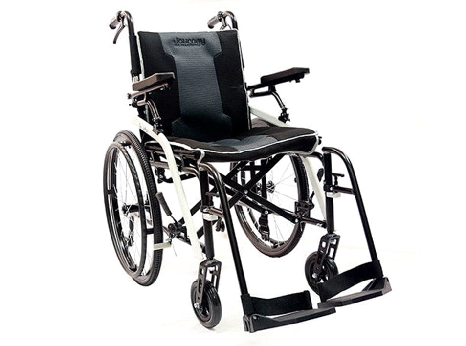 The So Lite™ C2 Lite Wheelchair by Journey Health & Lifestyle is a black and white portable option with footrests and a cushioned seat. Featuring large rear wheels and smaller front wheels, it's designed for mobility and comfort, making it compact for easy transport.