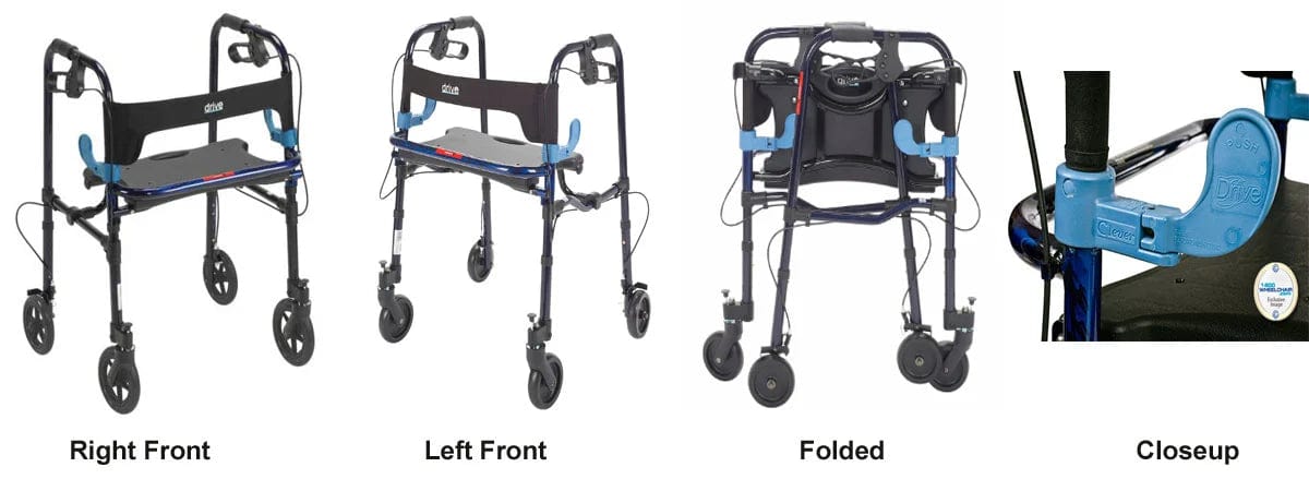 A black and blue Drive Medical Walker Clever Lite Folding ADL with 8" wheels is showcased from the right front, left front, and folded positions. A close-up highlights a part labeled "EPK" along with a tag reading "Life Chair." This mobility aid combines functionality and style.