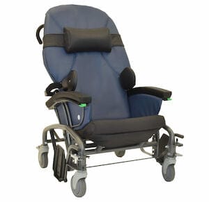 The Scoot Chair 24" TILT N Space by Continental Health Equipment is a blue reclining wheelchair with padded armrests and headrest, large rear wheels, smaller front casters for easy maneuverability, and an adjustable seat height and backrest. Ideal for fall prevention programs.