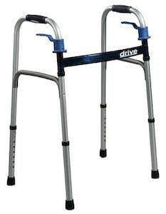 The Adult Walker - Trigger Release by Drive Medical is a lightweight aluminum walker in silver, accented with black and blue. It features adjustable legs and sturdy handles for enhanced support. This height-adjustable walker also includes a trigger release folding mechanism, making it convenient for storage and transport.