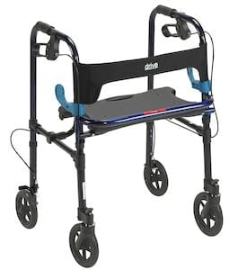 The black and blue Walker Clever Lite Folding ADL 8" CSTRS by Drive Medical features four wheels and a convenient seat in the middle. It has hand brakes on the handles, with the brand name displayed on the backrest, providing safety and support for those on the go.