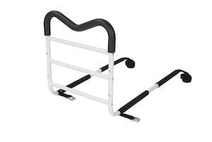 The Bed Rail M-Rail Assist by Drive Medical is a white and black safety rail with a U-shaped handle and dual bars for added stability. Conveniently packaged in a retail box, it slides under the mattress for support in getting in and out of bed.