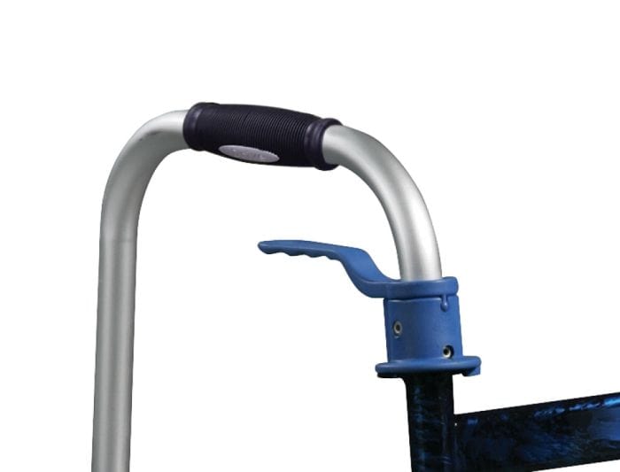 Close-up of the Drive Medical Adult Walker - Trigger Release featuring a silver metal handle with a black grip and an attached blue plastic component. This handle is part of the height-adjustable, ergonomic aluminum walker, designed for comfort and ease of use. Set against a plain white background, it ensures both functionality and lightweight maneuverability.