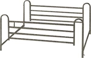 The Bed Rails Full Standard Telescoping from Drive Medical boast a simple, minimalist design with telescoping horizontal bars for the headboard and footboard. The structure is supported by vertical posts at each corner, resembling a classic steel bed frame in full standard dimensions.