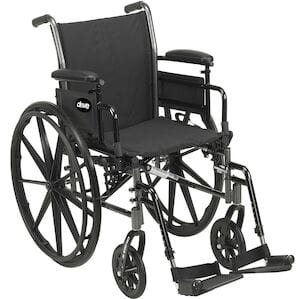 The Cruiser III Light Weight Wheelchair by Drive Medical is a sleek black manual wheelchair equipped with large rear wheels, small front wheels, armrests, and footrests. Its adjustable design ensures comfort, and the brand name is prominently displayed on the backrest.