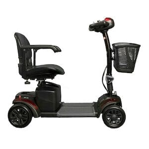 Introducing the Drive Medical Spitfire Pro, a compact 17" power scooter with a 4-wheel design, cushioned seat and armrests, easy-to-use handlebar for steering, and a front basket to carry essentials—perfect for individual use.