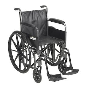 The Wheelchair K1/K2 20" Sport 2 by Drive Medical is a black manual wheelchair designed with large rear wheels, smaller front wheels, and footrests. Its robust steel frame and padded armrests provide comfort and stability, while the folding design allows for convenient storage and transport.