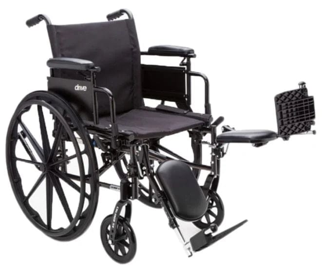 Introducing the Cruiser III Lightweight Wheelchair by Drive Medical: a stylish black mobility wheelchair equipped with large rear wheels and smaller front casters. It offers a comfortable, cushioned seat along with armrests and a footrest, and is conveniently lightweight in an open position, ready for use.