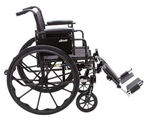 A Cruiser III Light Weight Wheelchair in black, produced by Drive Medical, features large rear wheels and smaller front wheels. It includes a cushioned seat, armrests, and adjustable leg supports for enhanced comfort. The brand name "Drive Medical" is displayed on the side, highlighting its lightweight design for easy maneuverability.