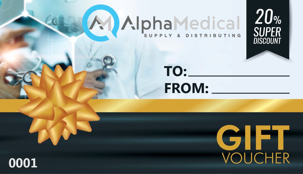 Discover the Alpha Medical Gift Card with a 20% discount. It includes "To" and "From" details, features a lab coat image with stethoscope, is adorned with a golden bow, and tagged #0001. Perfect for thoughtful gifting from Alpha Medical!.