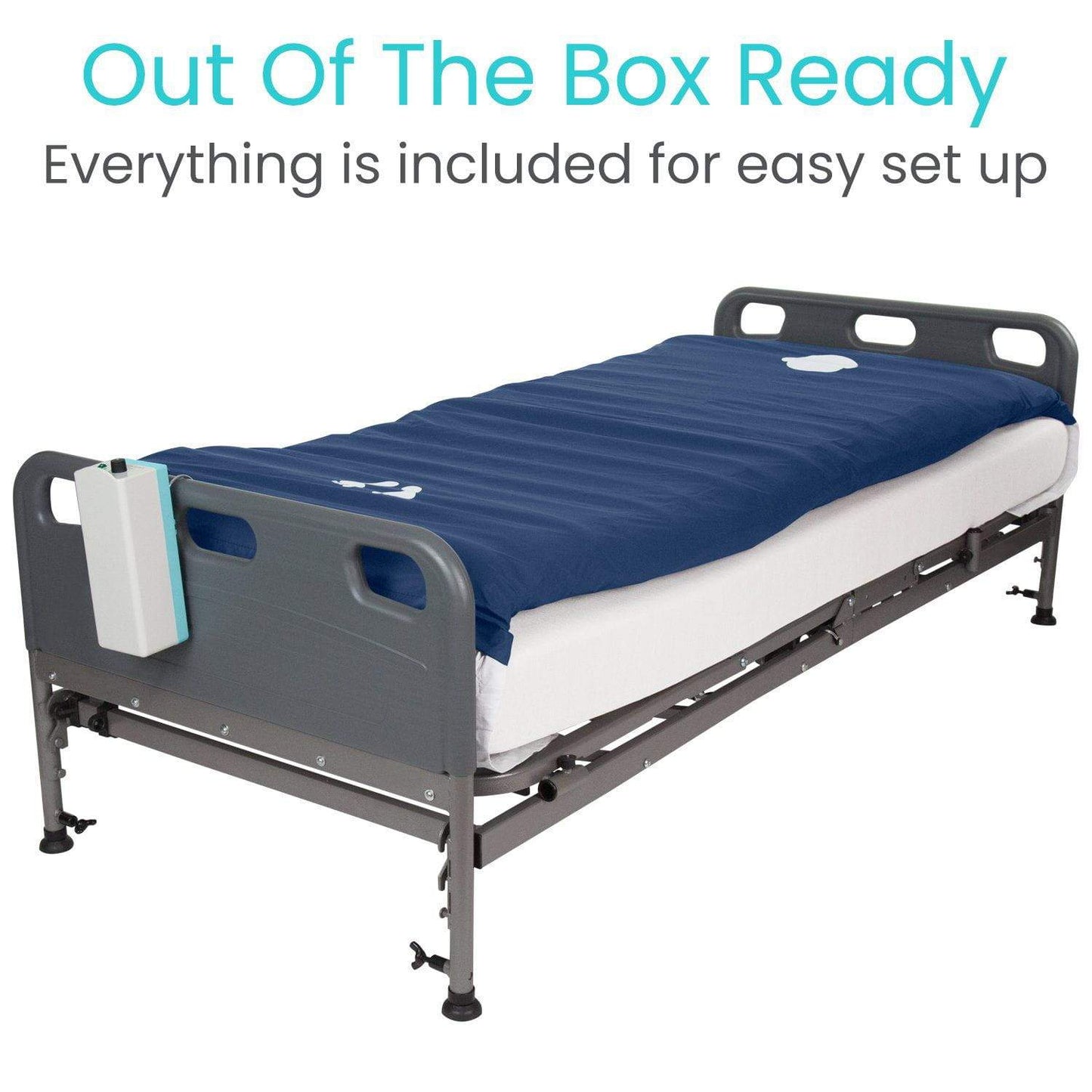 A 5'' Alternating Pressure Pad by Vive Health, featuring blue alternating air chambers and guardrails, along with easy setup instructions included. Text on the packaging reads "Out Of The Box Ready" and "Everything is included for easy setup.