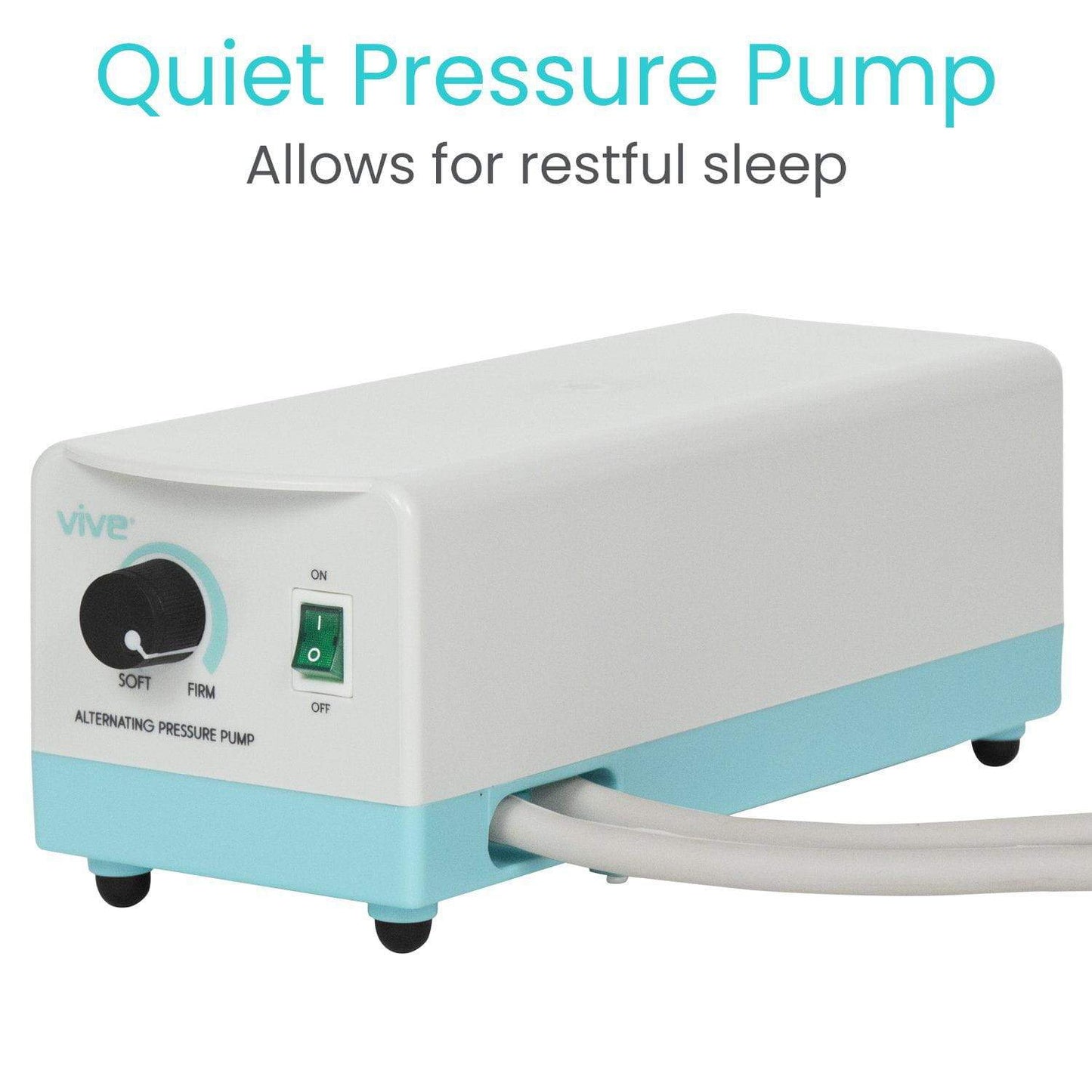 The Vive Health 5'' Alternating Pressure Pad, ideal for preventing bedsores and ensuring restful sleep, is a white and light blue rectangular device. It features a customizable firmness dial from "Soft" to "Firm," a green power switch, and connects to your pressure mattress via a tube.