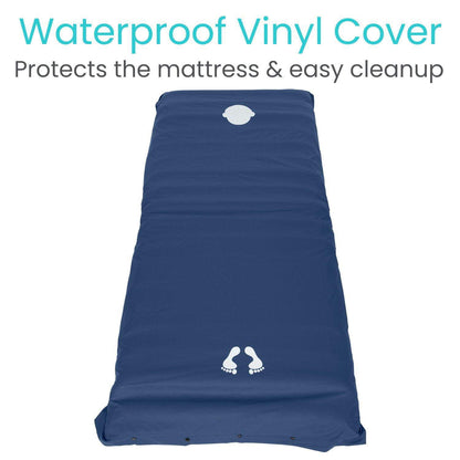 A mattress cover featuring navy blue waterproof vinyl with white foot and head designs is highlighted by the text, "Waterproof Vinyl Cover - Protects the mattress & easy cleanup." It's perfect for use with Vive Health's 5'' Alternating Pressure Pad, designed to help prevent bed sores.