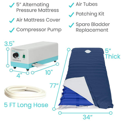 Image of the 5'' Alternating Pressure Pad by Vive Health, designed to prevent bed sores. It includes alternating air chambers, a compressor pump, a 5 ft hose, a mattress with a blue and white cover, along with accessories such as air tubes and a patching kit. Dimensions and features are detailed on the side.