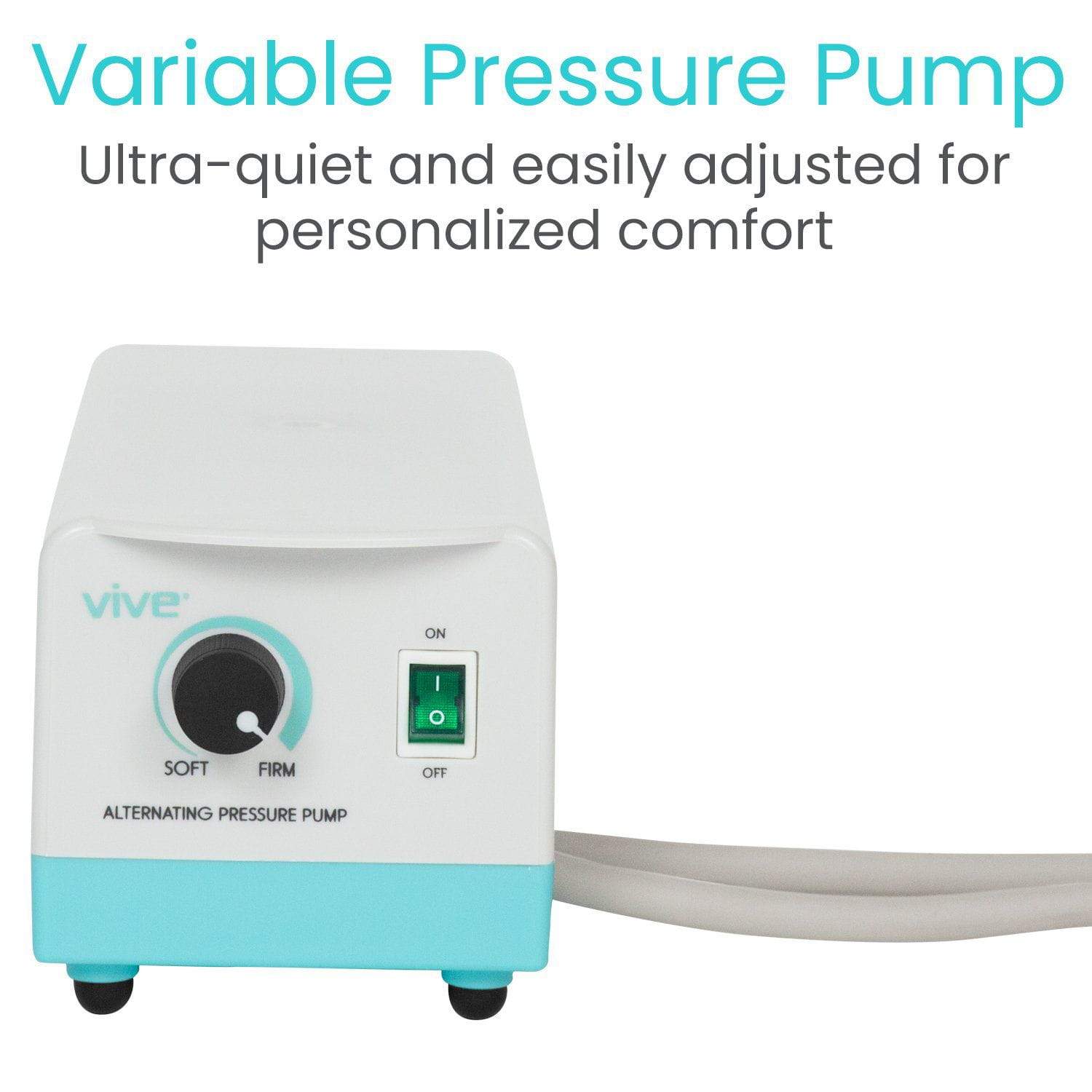 Image of the 5'' Alternating Pressure Pad by Vive Health, showcasing a sleek white and turquoise design, ideal for pressure mattresses. It includes a dial to adjust settings from "soft" to "firm" and an on/off switch. The text above reads "Variable Pressure Pump," emphasizing its ultra-quiet operation and alternating air chambers for personalized comfort.