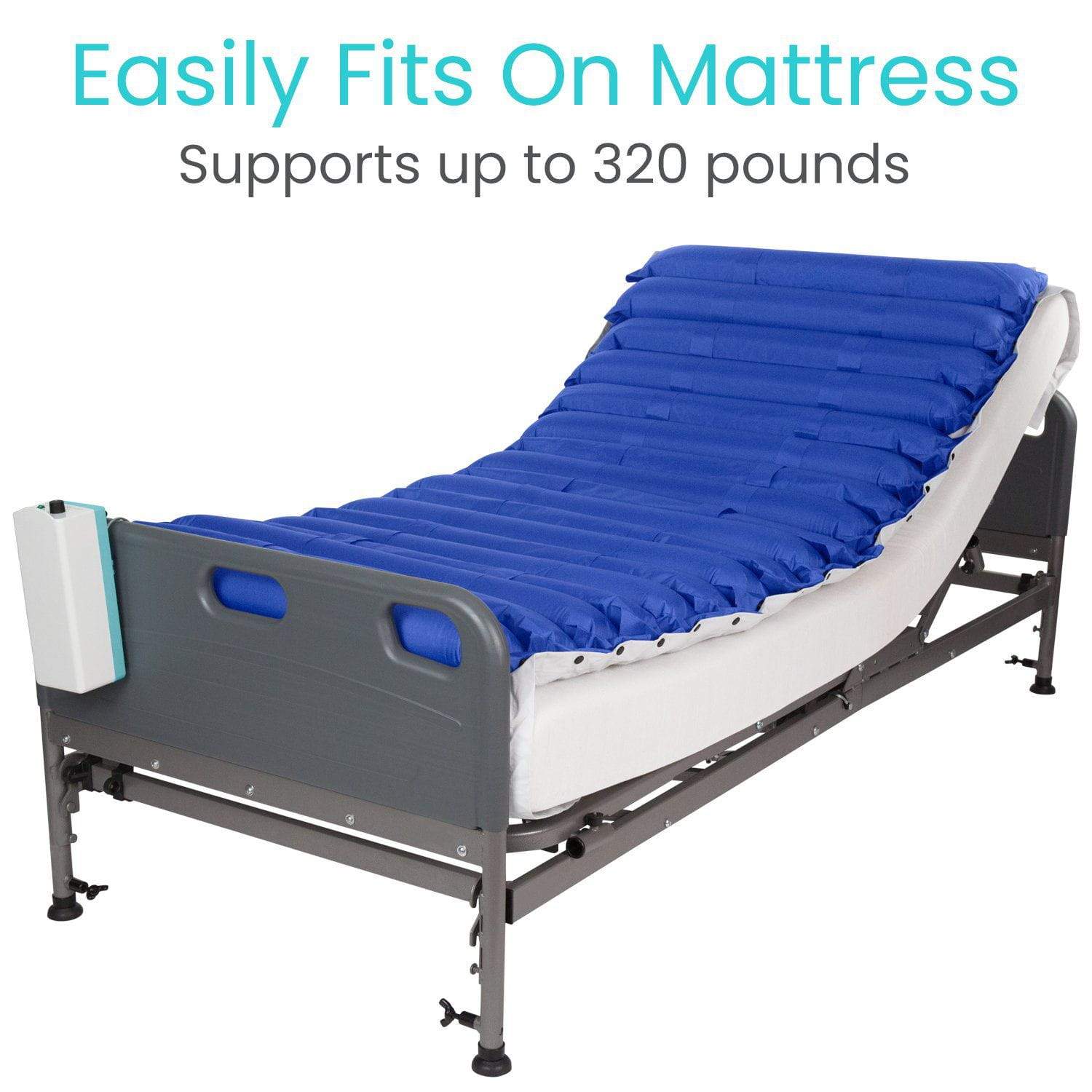 The Vive Health 5'' Alternating Pressure Pad, shown here on a hospital bed with an adjustable frame, features inflatable blue air chambers that help prevent bed sores. It easily fits on a mattress and supports up to 320 pounds.