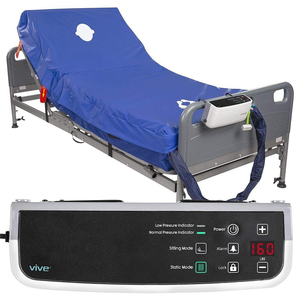 The Vive Health 8'' Alternating Pressure Mattress includes a blue alternating pressure mattress with adjustable settings and an ultra-quiet compressor. Its digital control panel shows modes, weight capacity, and pressure indicators aimed at maximizing patient comfort and preventing bedsores.