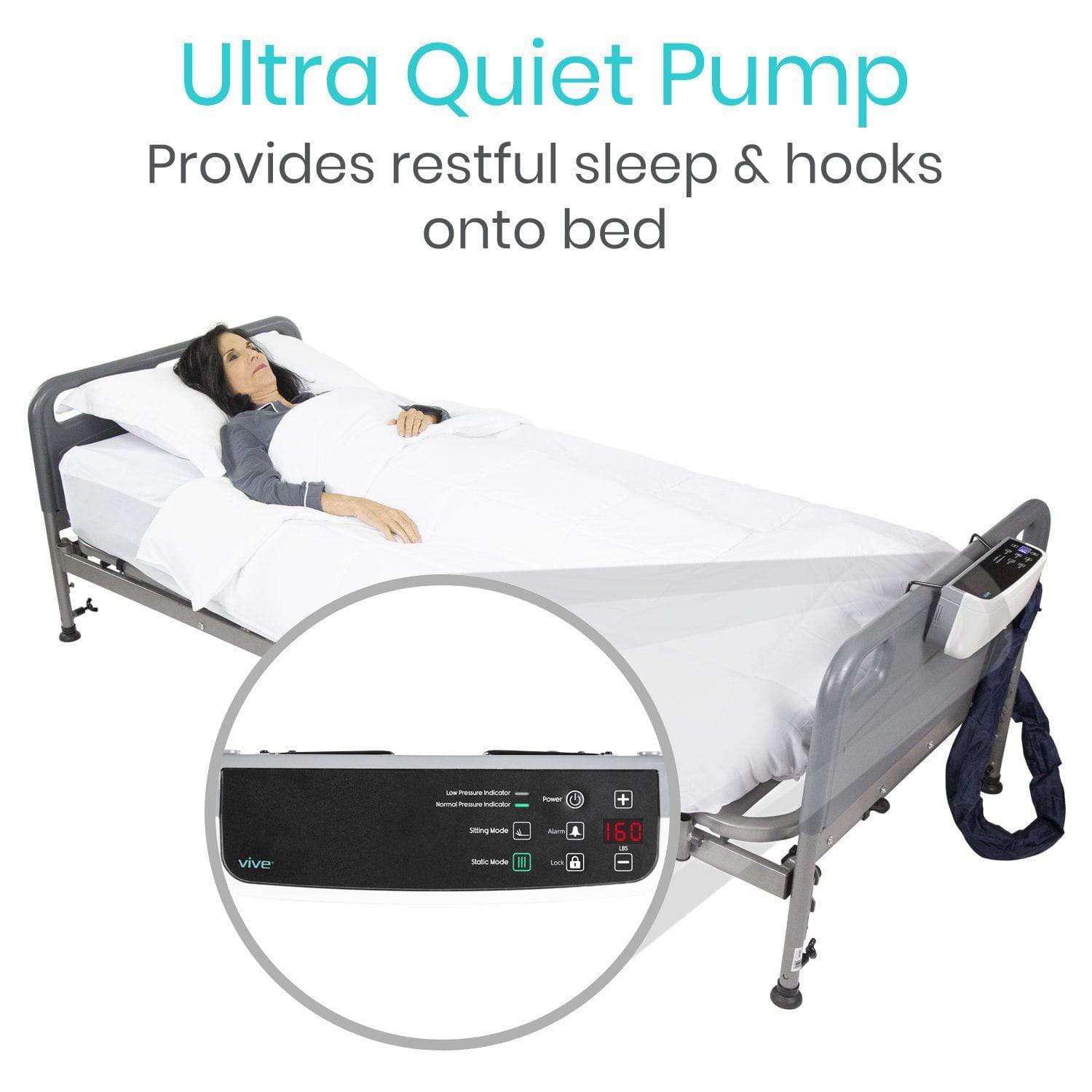 A person resting on a hospital bed with a Vive Health 8'' Alternating Pressure Mattress and ultra-quiet pump, highlighted in an inset circle, which prevents bedsores and ensures restful sleep while seamlessly attaching to the bed.