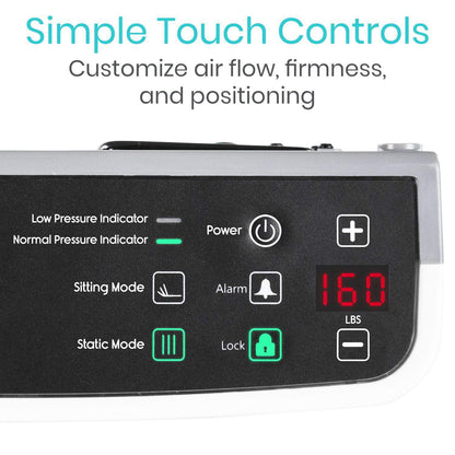 Close-up of Vive Health's 8'' Alternating Pressure Mattress control panel with "Simple Touch Controls" for airflow, firmness, and positioning. Displays include low/normal pressure indicators, mode settings, an alarm, and weight in pounds.