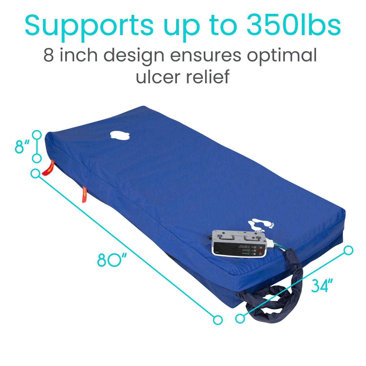 The Vive Health 8'' Alternating Pressure Mattress, illustrated in blue, measures 80" x 34" x 8", supports up to 350 lbs, and includes an ultra-quiet compressor with a control unit. It's designed to optimally prevent ulcers and bedsores.