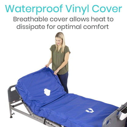 A person covers a hospital bed with a blue waterproof vinyl cover featuring Vive Health's 8'' Alternating Pressure Mattress, designed for preventing bedsores. The breathable cover optimizes comfort by dissipating heat. The adjustable bed has a sturdy metal frame.