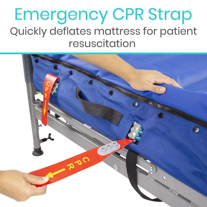 A person uses a Vive Health 8'' Alternating Pressure Mattress with an emergency CPR strap on a hospital bed. The red strap with yellow text deflates the mattress quickly for resuscitation, while the blue bed—equipped to prevent bedsores—includes black straps and fasteners.