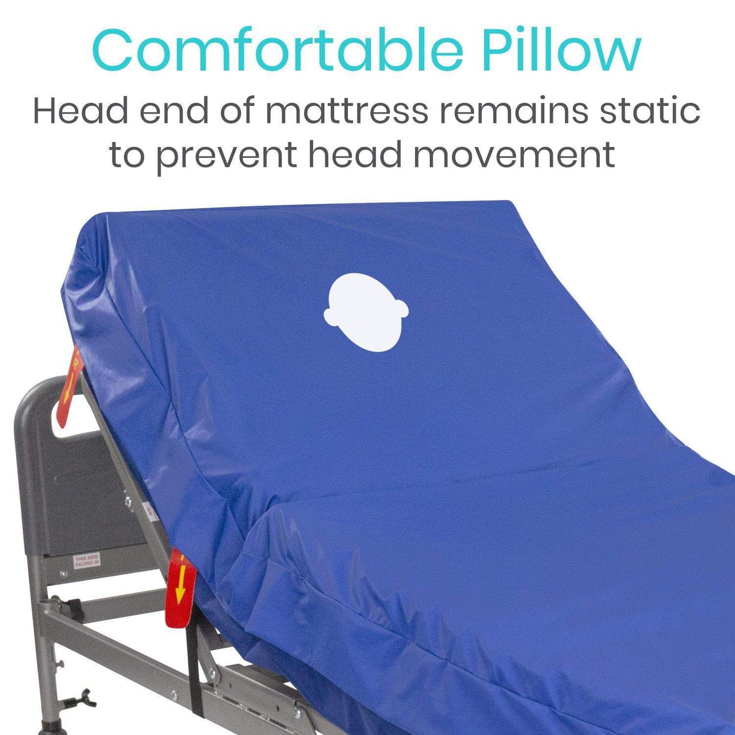 A Vive Health 8'' Alternating Pressure Mattress is shown on a blue-covered hospital bed with a white head icon. The reclined bed features red safety locks. Above, "Comfortable Pillow" explains how the ultra-quiet compressor prevents head movement and helps in preventing bedsores.