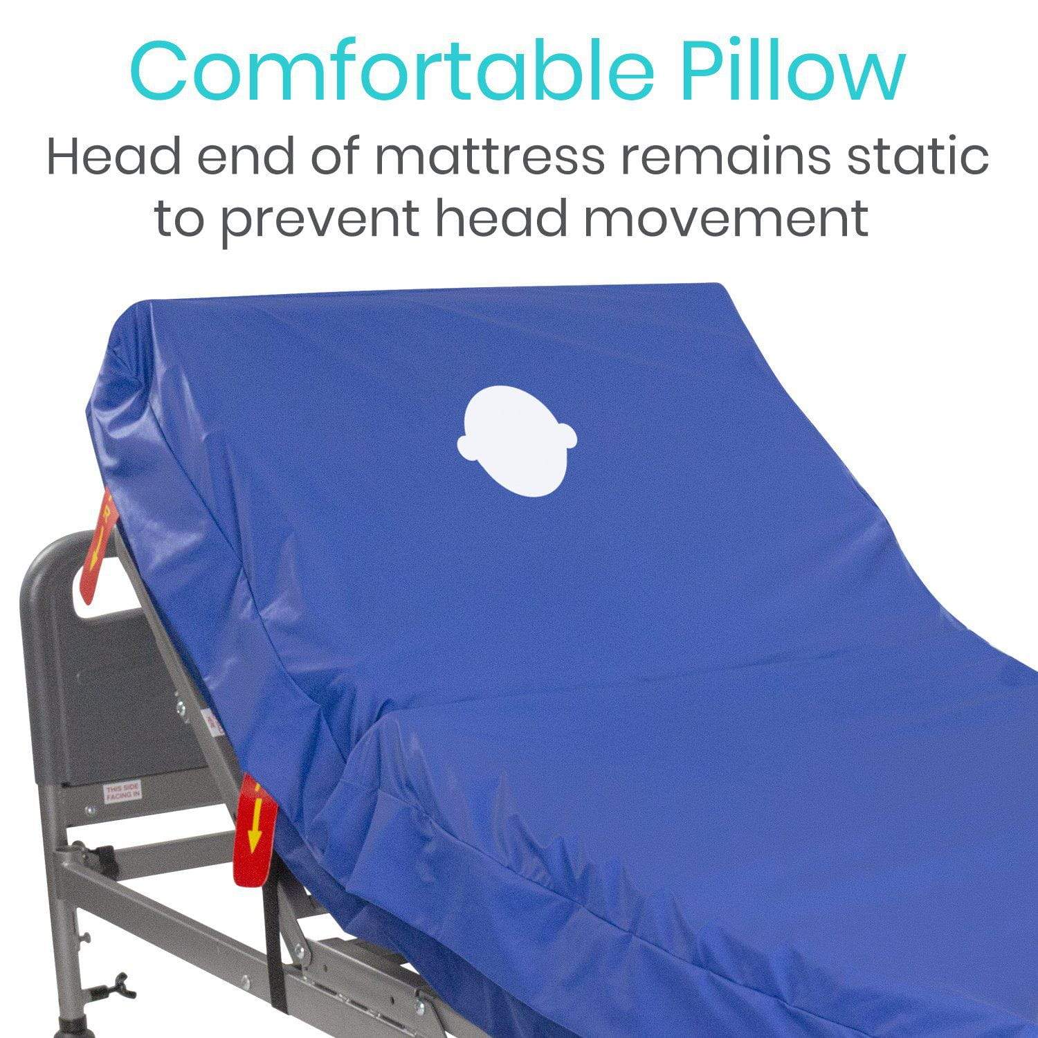 A Vive Health 8'' Alternating Pressure Mattress is shown on a blue-covered hospital bed with a white head icon. The reclined bed features red safety locks. Above, "Comfortable Pillow" explains how the ultra-quiet compressor prevents head movement and helps in preventing bedsores.