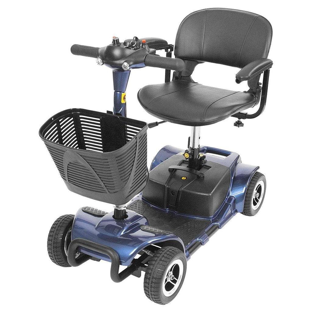 The Vive Health 4 Wheel Mobility Scooter, available in blue, comes equipped with a long-range battery and features four wheels, a black cushioned seat, handlebars, and a front-mounted basket. Its straightforward design and adjustable speed make it perfect for use both indoors and outdoors.