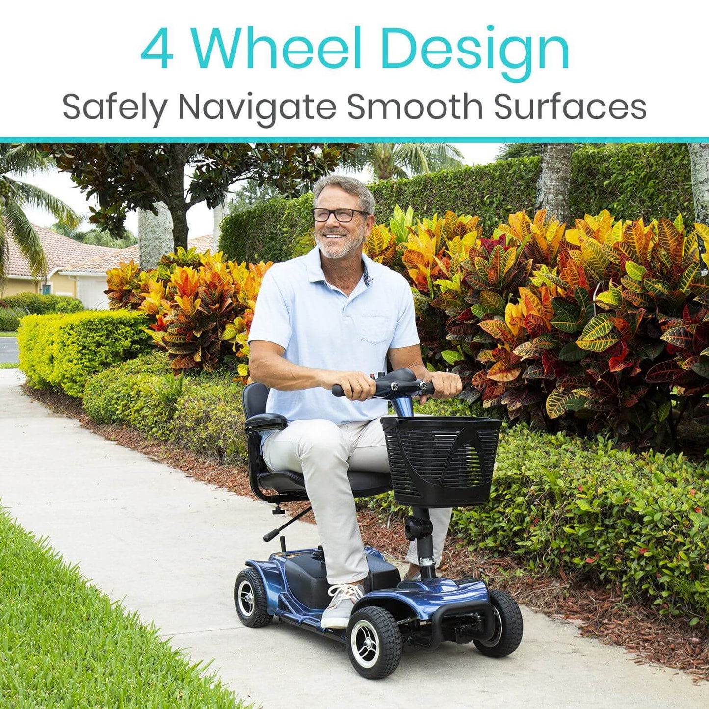 A man smiles as he rides the Vive Health 4 Wheel Mobility Scooter, featuring a long-range battery, along a sidewalk. Lush greenery and palm trees provide a serene backdrop. Text above reads "4 Wheel Design" and "Safely Navigate Smooth Surfaces.