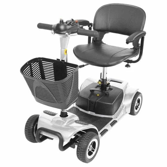 Introducing the Vive Health 4 Wheel Mobility Scooter, a compact solution tailored for easy transportation and maneuverability. It features a sleek black seat with armrests and a front basket. Equipped with variable speed controls on the handlebars and a long-range battery for extended journeys, this scooter ensures both comfort and reliability.