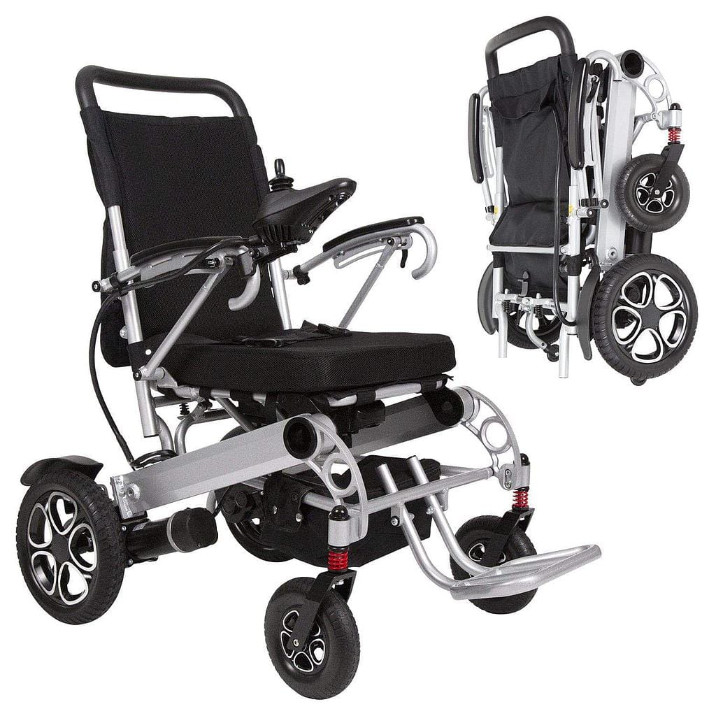 Introducing the Power WheelChair by Vive Health, a sleek black and silver foldable electric wheelchair. It features robust wheels and a joystick controller. The image highlights the dual-motor design, showcasing its compact and portable folding capability in both open and folded positions.