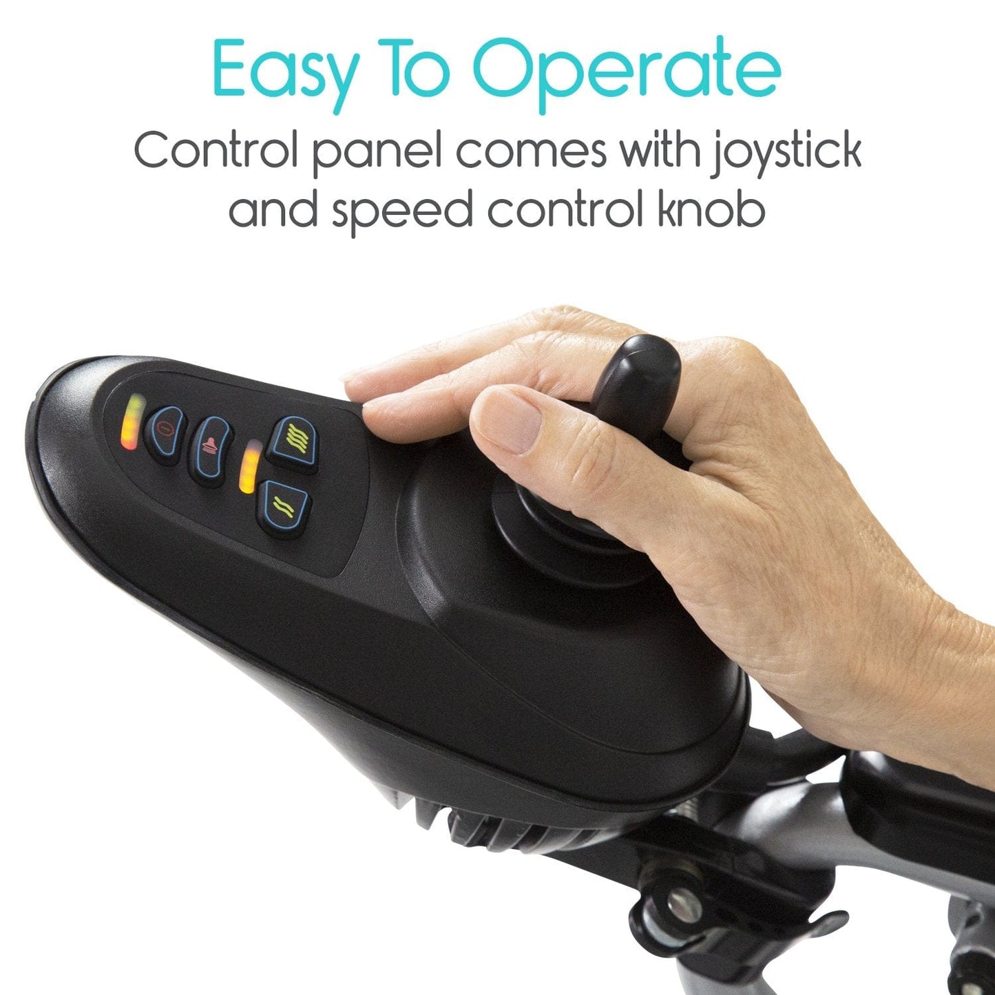 Close-up image of a hand using the joystick controller on a panel featuring multiple buttons. The text above states, "Easy To Operate: The Vive Health Power WheelChair's control panel includes a joystick and speed control knob." This user-friendly design is integral to the dual-motor wheelchair, boosting mobility and autonomy.