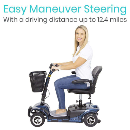 A woman sits on a blue 4 Wheel Mobility Scooter by Vive Health, featuring a black basket attached to the front. Text above reads: "Easy Maneuver Steering" and "Long-Range Battery with driving distances up to 12.4 miles.