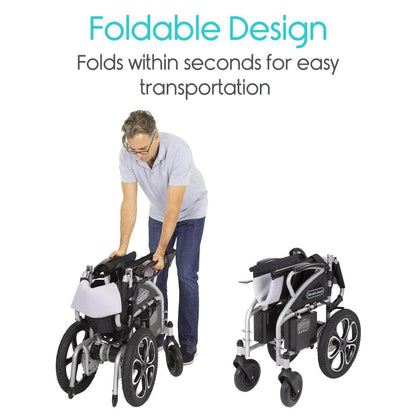 A man effortlessly showcases the folding of a Compact Power Wheelchair by Vive Health. The text above states, "Foldable Design: Folds within seconds for easy transportation." The wheelchair, equipped with a joystick controller, is displayed in both folded and unfolded positions.