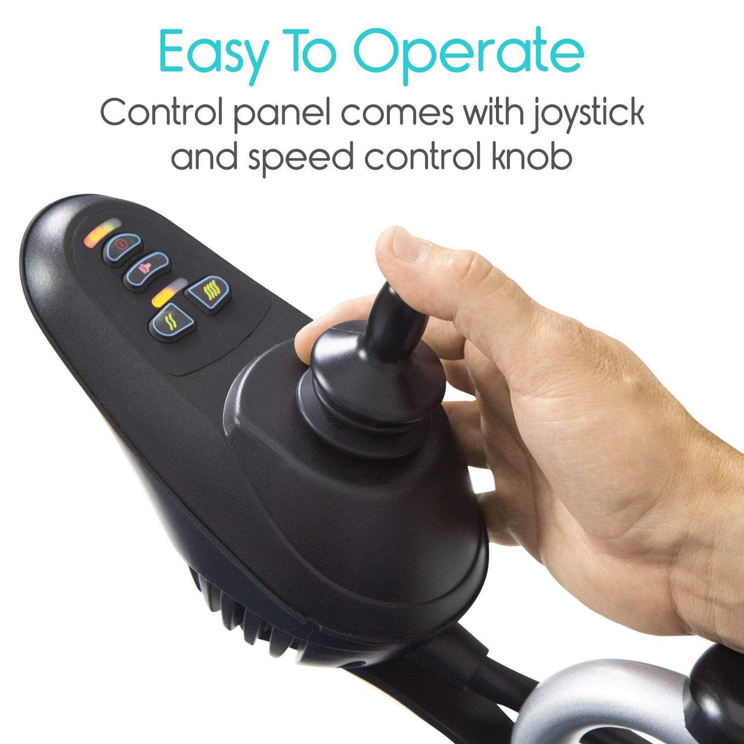 Close-up of a hand maneuvering a joystick on the control panel of the Compact Power Wheelchair by Vive Health. The panel features buttons and a speed control knob. Text above says, "Easy To Operate. Control panel comes equipped with joystick and speed control knob.